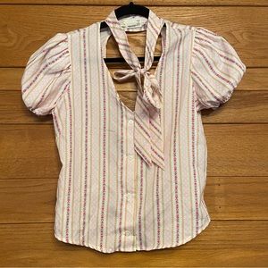 Urban Renewal pink floral striped puff sleeve button front open back blouse